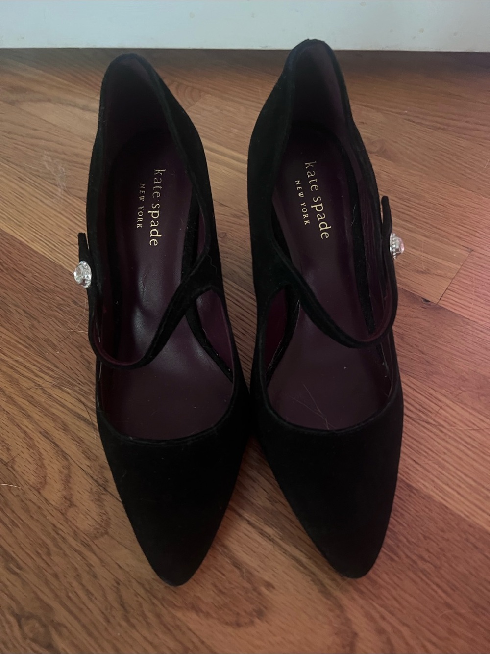 kate spade Black Suede Pointed Mary Jane Heels with Crystal Buckle